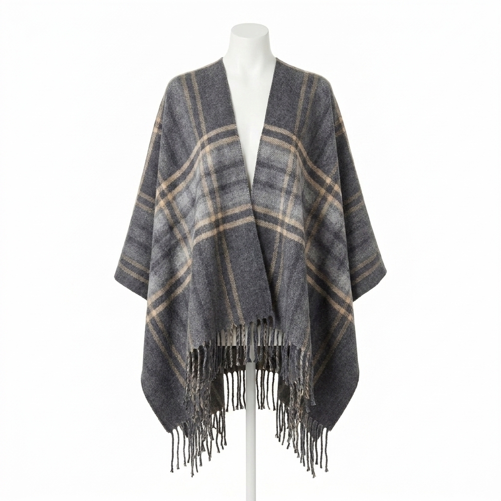 NEW COCO + CARMEN fireside cardigan with fringe in grey plaid